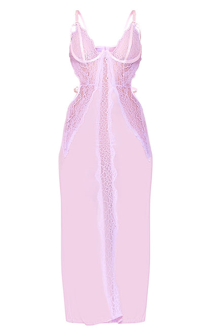 Lilac Lace Underwired Cut Out Detail Sheer Midaxi Dress