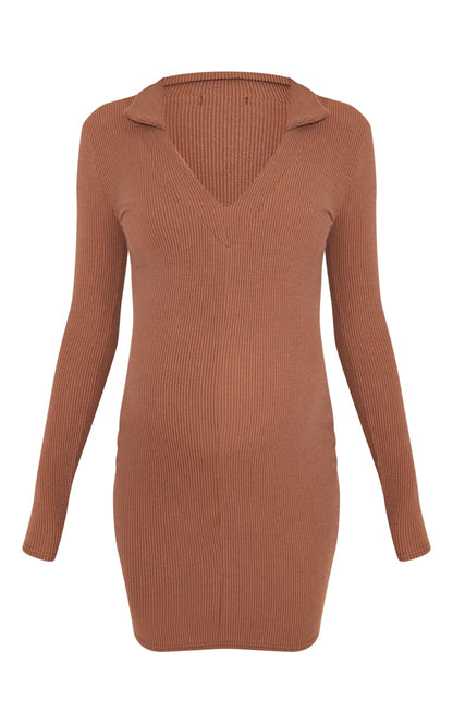 Maternity Chocolate  Plunge Polo Neck Mini Dress