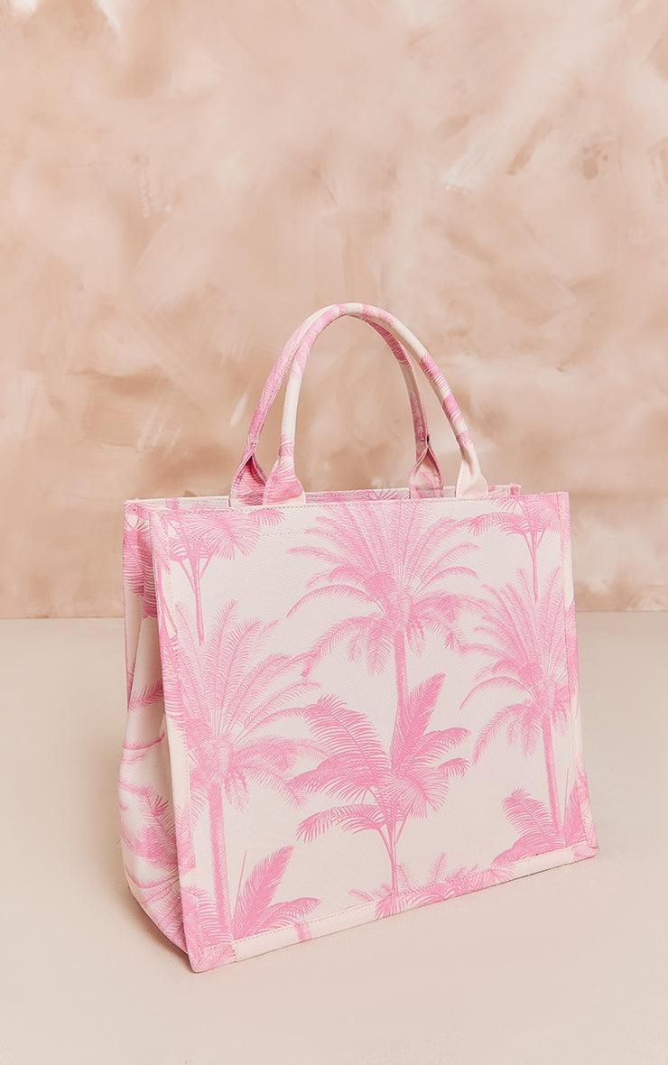 Baby Pink Palm Print Canvas Tote Bag