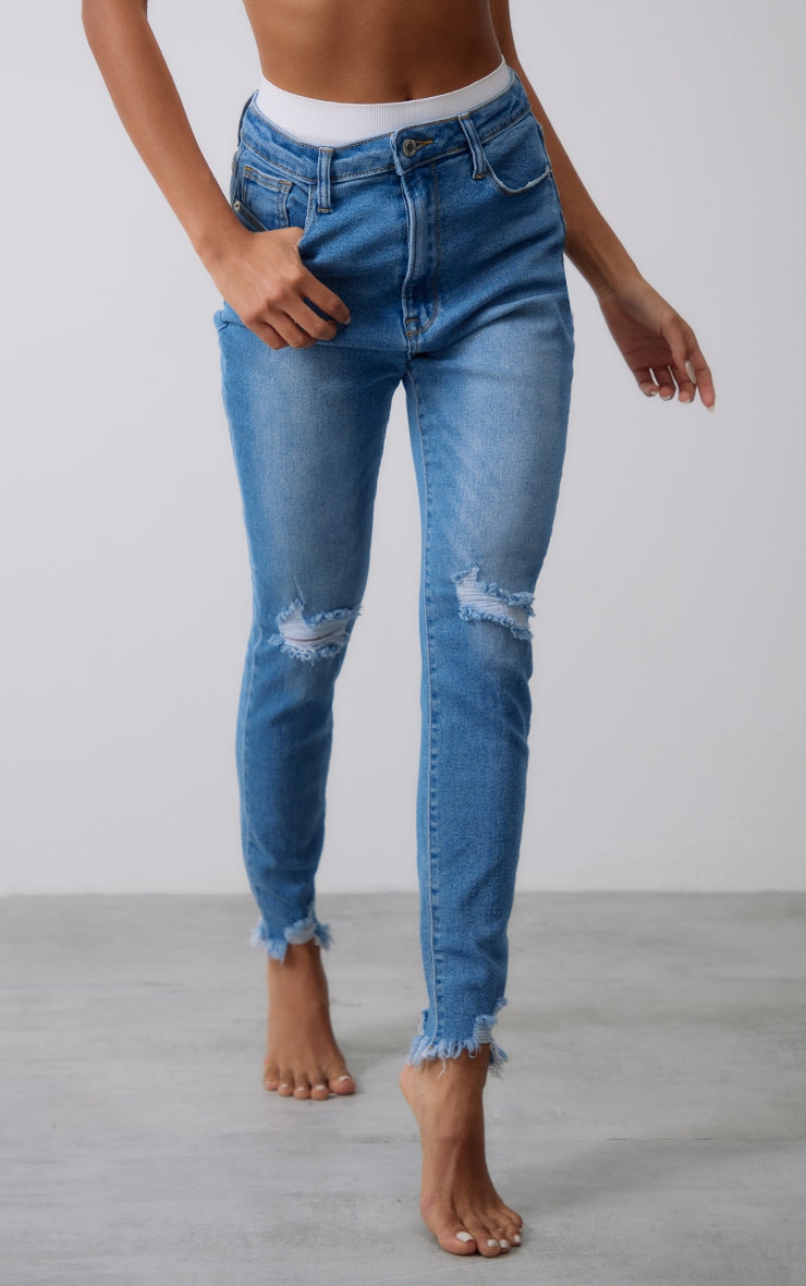 Mid Blue Wash Lyocell Stretch High Rise Distressed Skinny Jeans