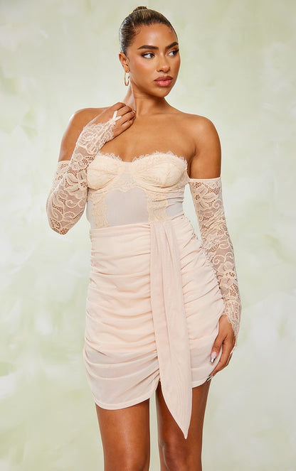 Nude Lace Underwired Bardot Drape Bodycon Dress