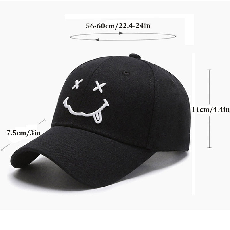 Smile Face Embroidery Baseball Caps Kpop Black Cotton Adjustable Snapback Funny Hip Hop Cap Autumn Sun Dad Hats for Mens