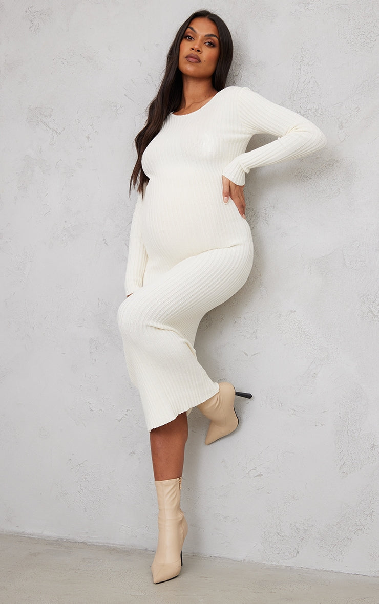 Maternity Cream Knitted Midaxi Tie Back Bodycon Dress