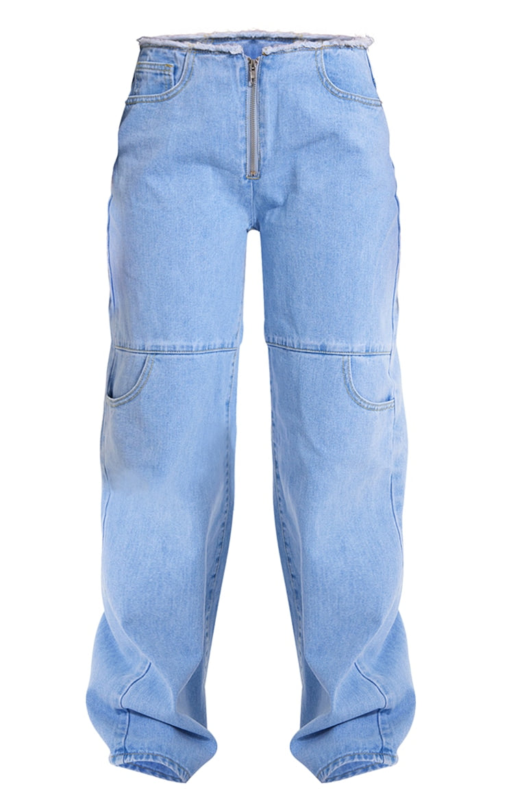 Light Blue Wash Frayed Waistband Wide Leg Denim Jeans