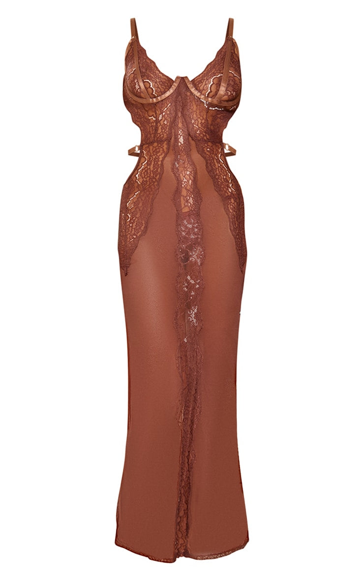 Lilac Lace Underwired Cut Out Detail Sheer Midaxi Dress