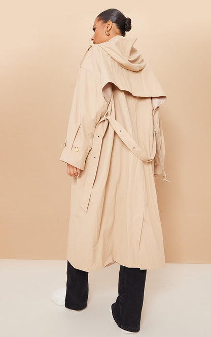 Stone Woven Hooded Oversized Trench Coat