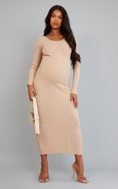 Maternity Cream Knitted Midaxi Tie Back Bodycon Dress