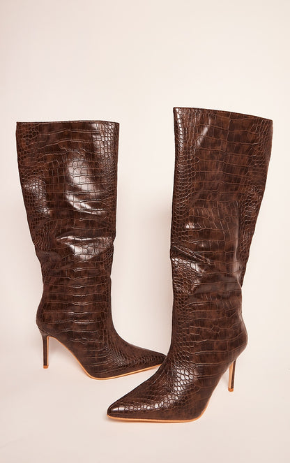 Chocolate PU Croc Detail Point Toe Stiletto Heeled Knee Boots