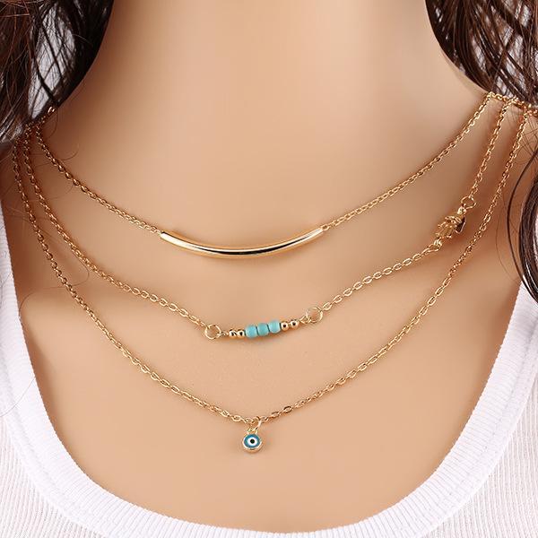 3 Piece Natural Turquoise Evil Eye Necklace 18K Gold Plated