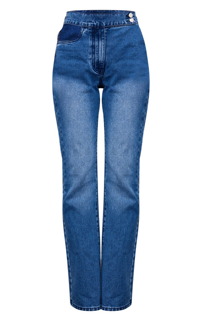 Mid Blue Wash Button Detail Flared Jeans