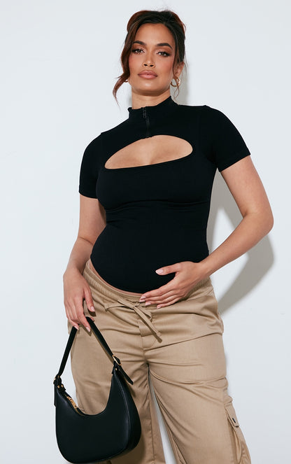 Maternity Chocolate Cut Out Front Contour Rib Top