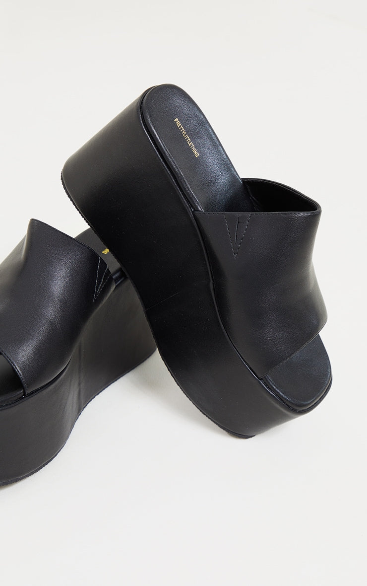 Black PU Square Toe Platform Mules