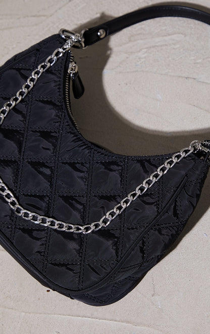 Black Quilted Silver Chain Detail Shoulder Bag