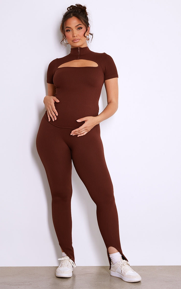 Maternity Chocolate Cut Out Front Contour Rib Top