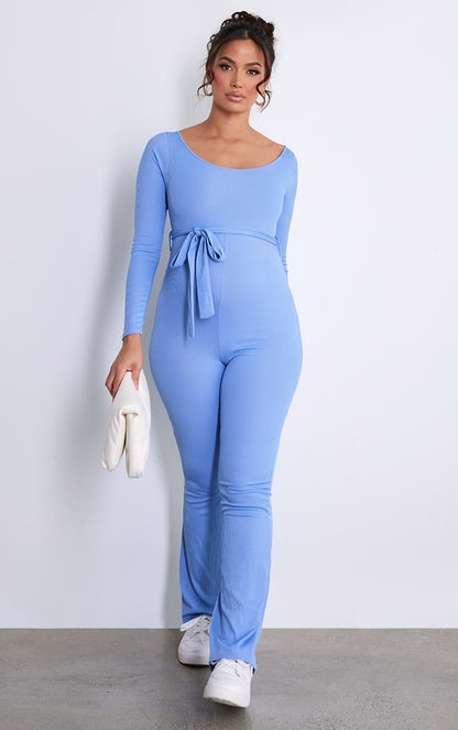 Maternity Dusty Blue Rib Tie Waist Jumpsuit