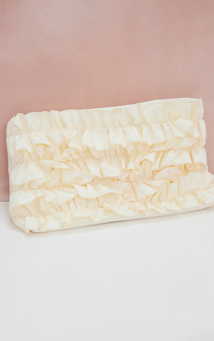 Cream Satin Ruffle Clutch