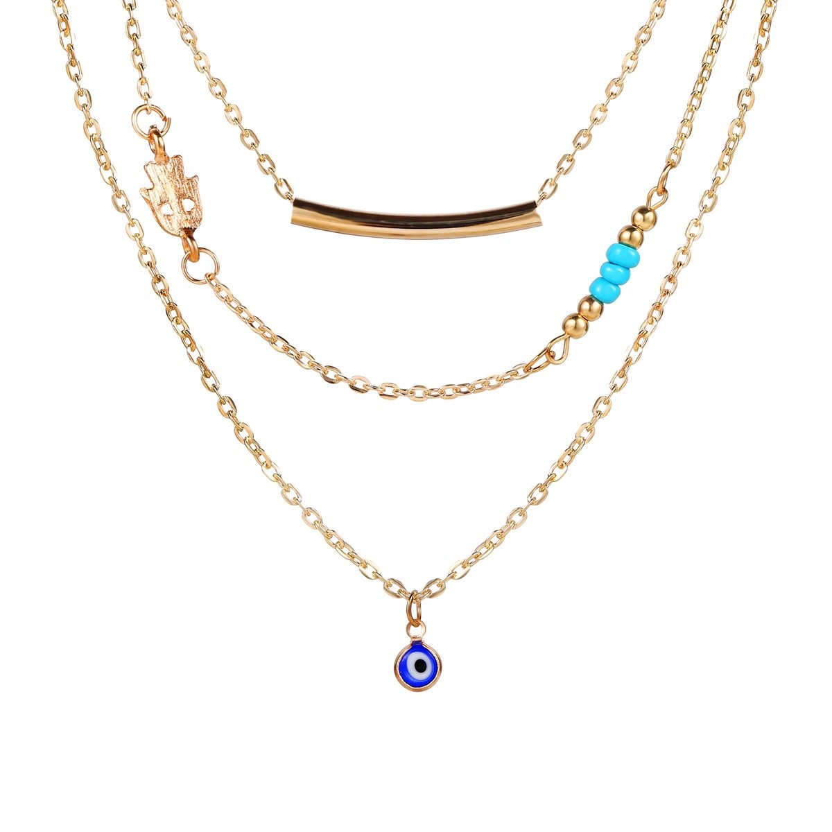 3 Piece Natural Turquoise Evil Eye Necklace 18K Gold Plated