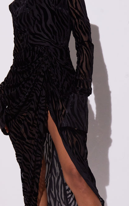 Black Zebra Devore High Neck Draped Midi Dress