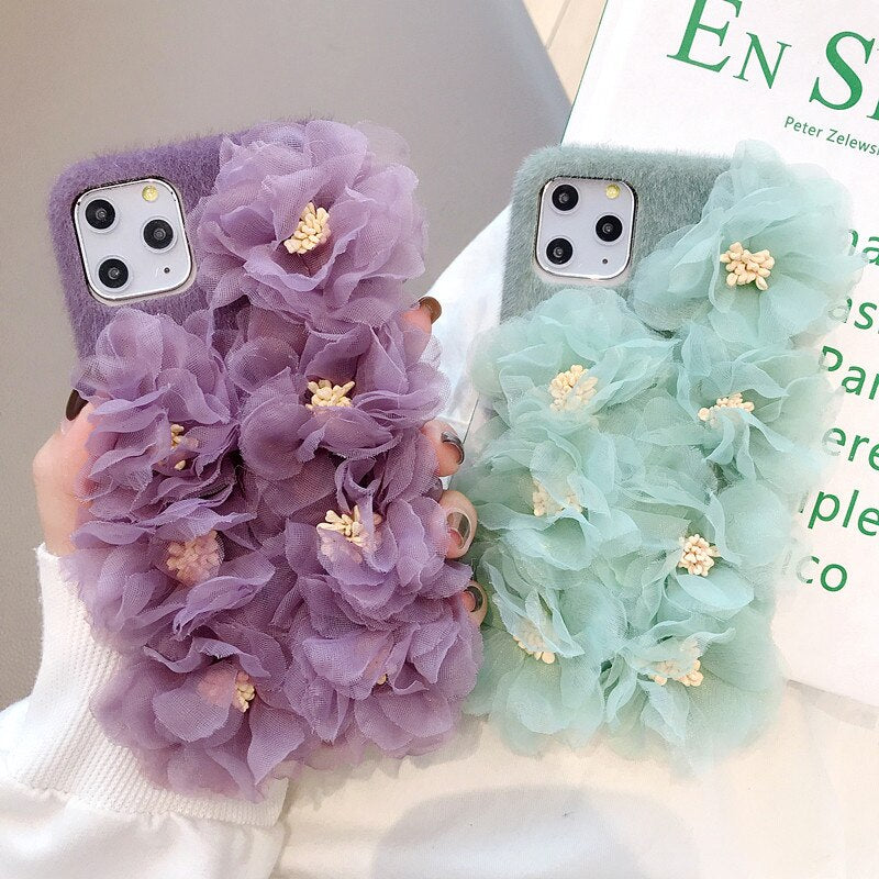 Luxury Girl Fashion 3D Beautiful Lace Cloth Flower Furry Back Phone Case Cover For iPhone 11 Pro Max XS Max XR X 8 7 6 6S Plus