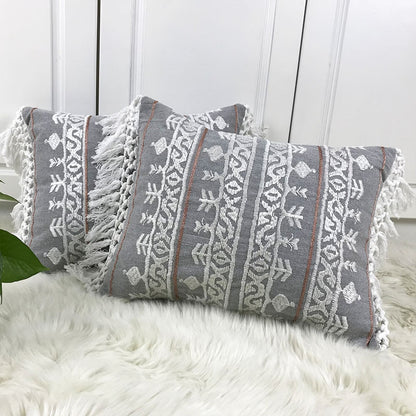 Linen Embroidery Cushion Cover with Tassel