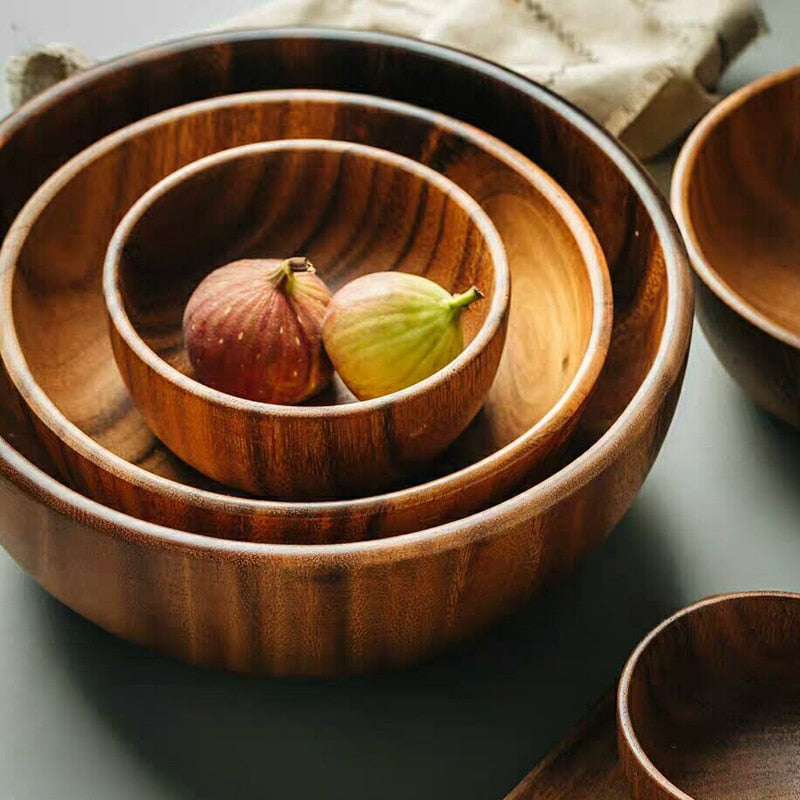 3 size unpainted acacia wooden bowl