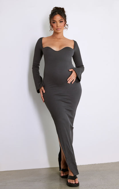 Maternity Cream Long Sleeve Contour Rib Dress