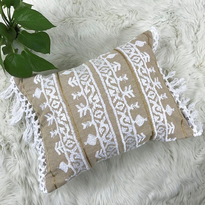 Linen Embroidery Cushion Cover with Tassel