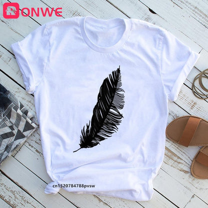 Women Casual Fashion T-shirt Feather Print Loose O-neck Short Sleeve Elastic Stretched Summer Home New Tee Shirt