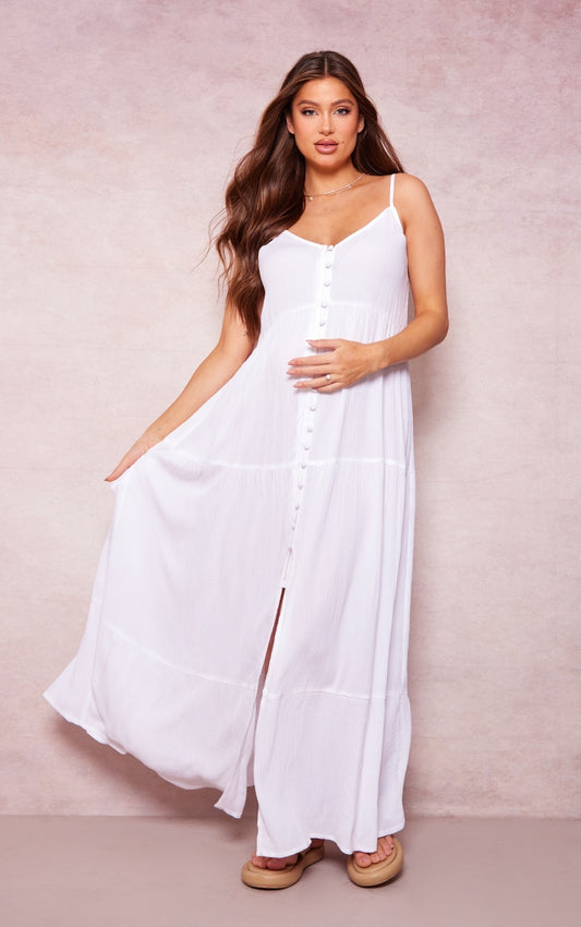 Maternity White Strappy Linen Look Dress