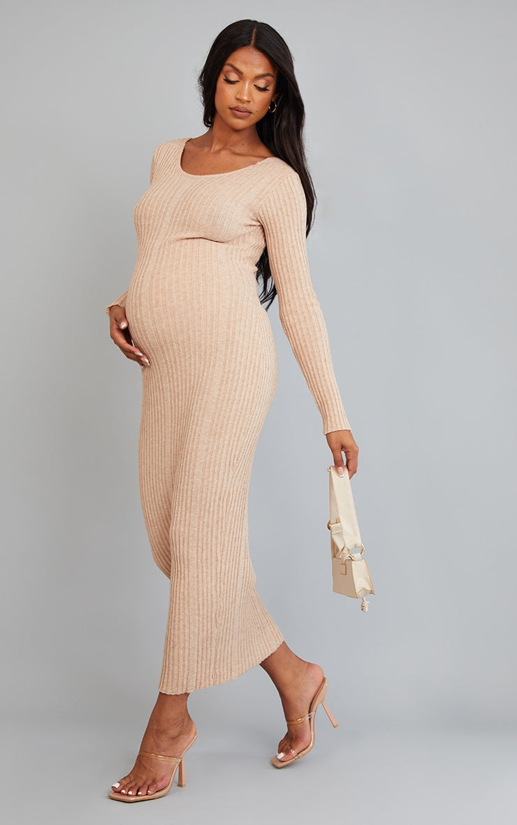 Maternity Cream Knitted Midaxi Tie Back Bodycon Dress