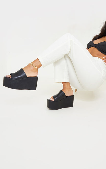 Black PU Square Toe Platform Mules