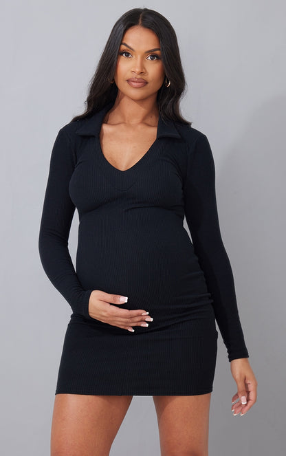 Maternity Chocolate  Plunge Polo Neck Mini Dress