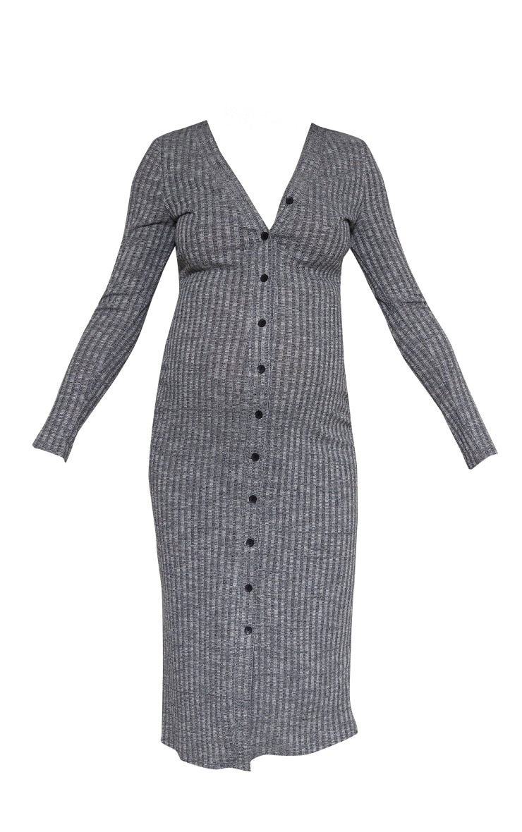 Maternity Dark Grey  Fitted Soft Rib Midi Longsleeve Dress