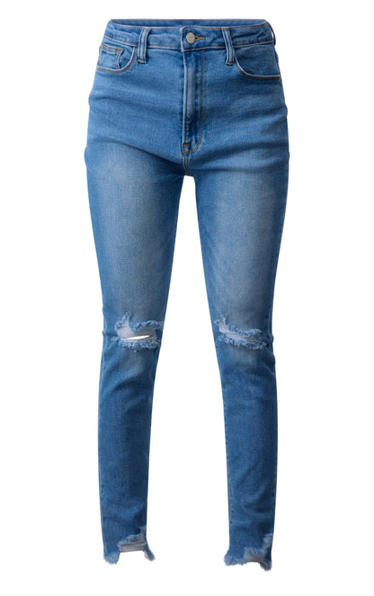 Mid Blue Wash Lyocell Stretch High Rise Distressed Skinny Jeans