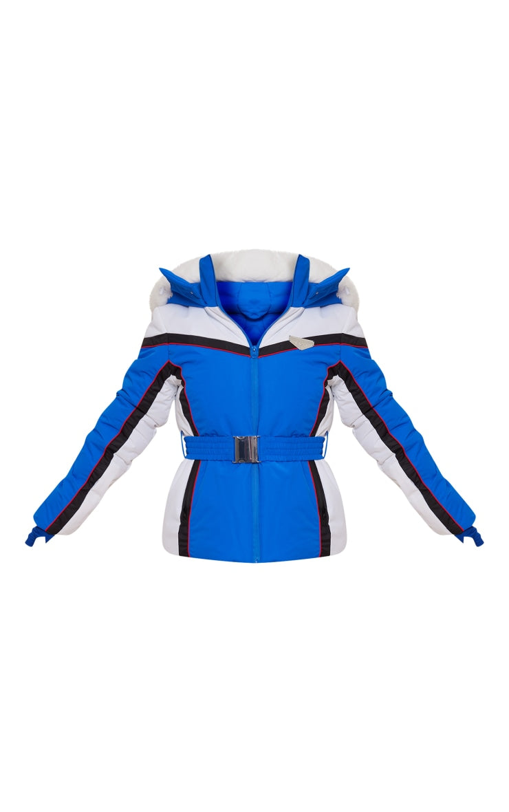 SKI Blue and White Faux Fur Hooded Belted Jacket