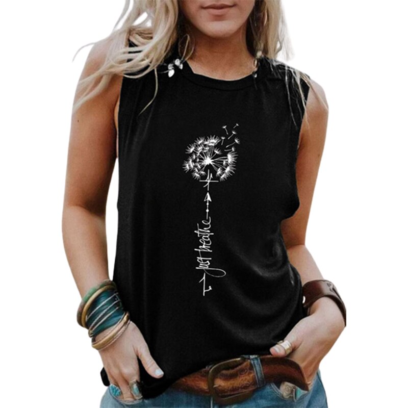 Dandelion Print Graphic Tank Top Women Sleeveless Shirts Just Breathe Inspirational Letter Tee Tops Summer Beach Vest T-shirts