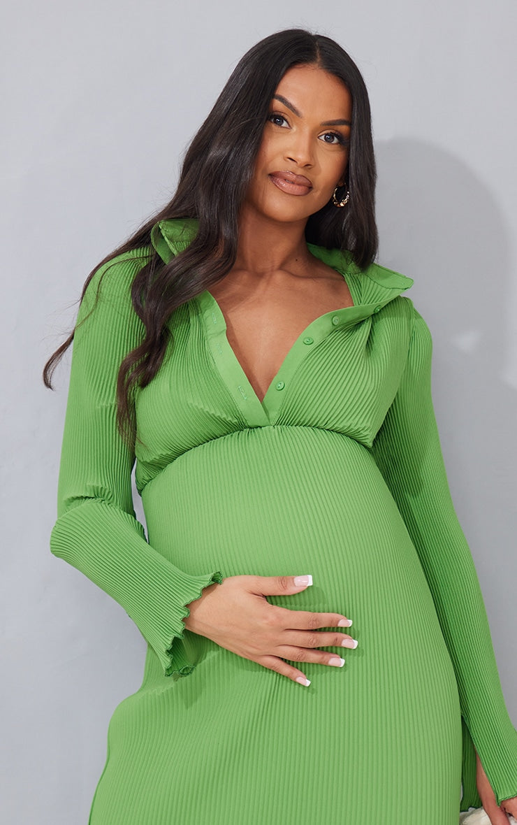 Maternity Green Plisse Button Thru Midi Dress