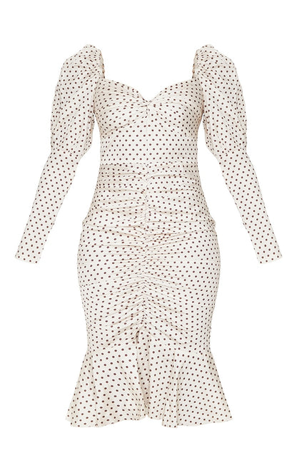 Nude Polka Dot Puff Sleeve Ruched Detail Frill Hem Midi Dress