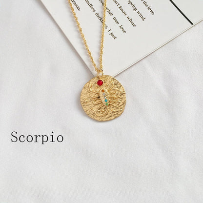 Gold Coin Disk Pendant Zodiac Necklace for Men Women