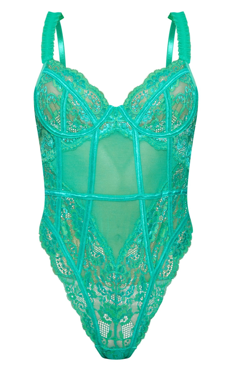 Green Mesh Frill Detail Panelling Lace Bodysuit