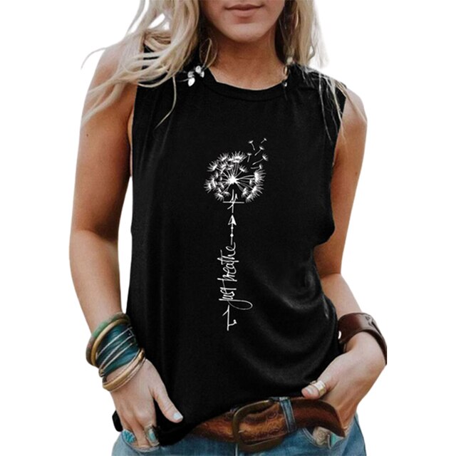 Dandelion Print Graphic Tank Top Women Sleeveless Shirts Just Breathe Inspirational Letter Tee Tops Summer Beach Vest T-shirts