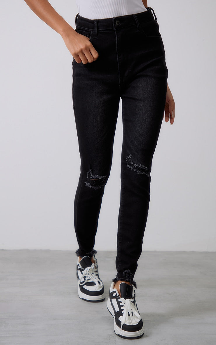 Mid Blue Wash Lyocell Stretch High Rise Distressed Skinny Jeans