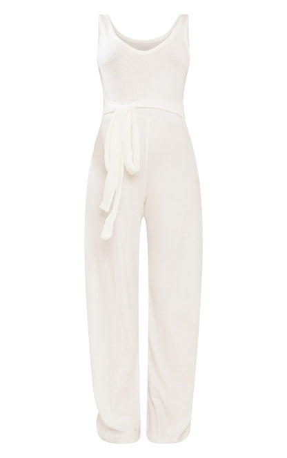 Maternity Cream Ribbed Sleeveless Tie Waist Jumpsuit